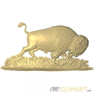A 3d relief model of a charging buffalo, over a patch of long grass