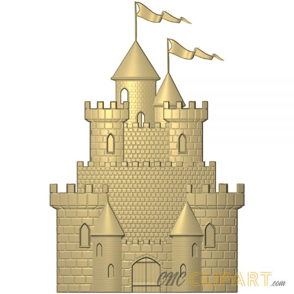 A 3D Relief Model of a stone castle with turrets and flags