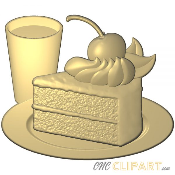 A 3D Relief Model of a slice of cake on a plate with a drink