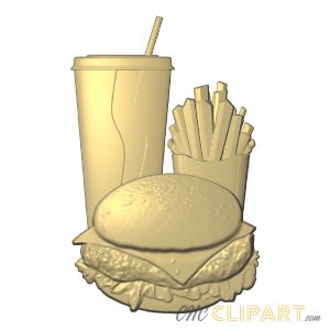 A 3D Relief Model of a Fast Food meal, featuring a burger, fries and soft drink
