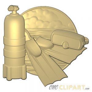 A 3D relief model of a diving scene with tank, flippers tank