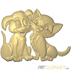 A 3D Relief Model of a cute Dog and Cat in a comic style