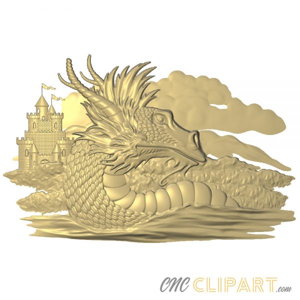A 3D Relief Model of Chinese Dragon in front of a Castle and clouds