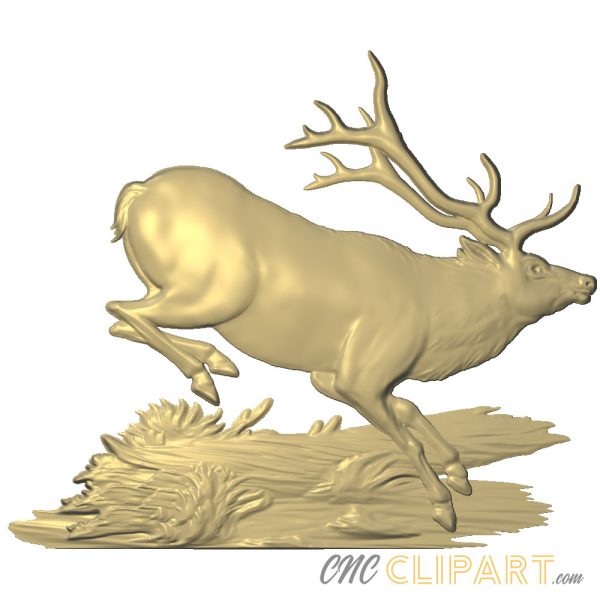 A 3d relief model of an Elk jumping over a log in a wooded scene