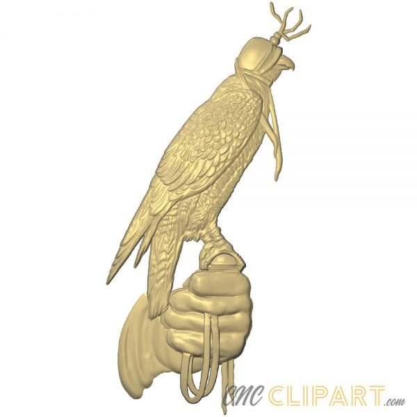 A 3D relief model of a hooded Falcon perched on the gloved hand of its handler