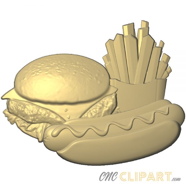 A 3D Relief Model of a fast food scene with a burger, hot dog and fries