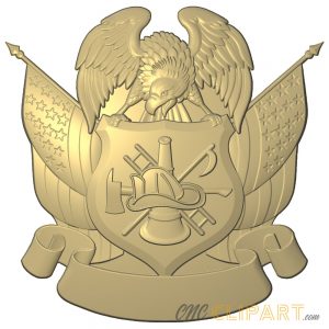 A 3D Relief Model of a US Fire Fighters badge/symbol, with Eagle and American Flag decals