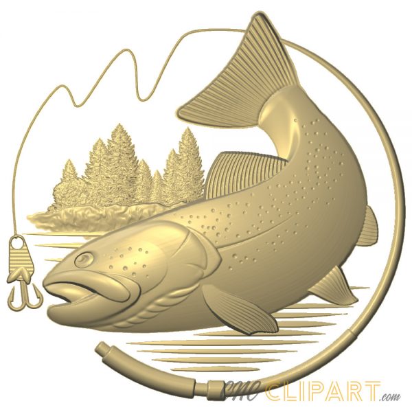 A 3D relief model of a circular fishing motif, fish and fishing line