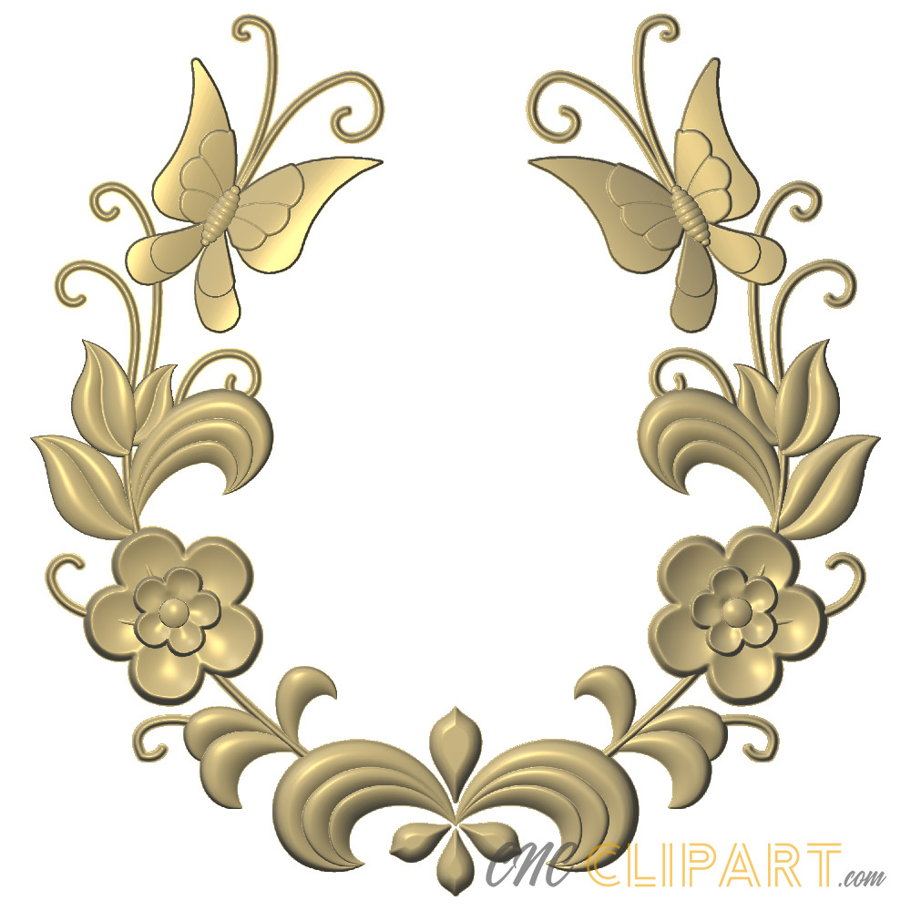 A 3D Relief Model of a Floral Butterfly frame, arranged in a horseshoe pattern