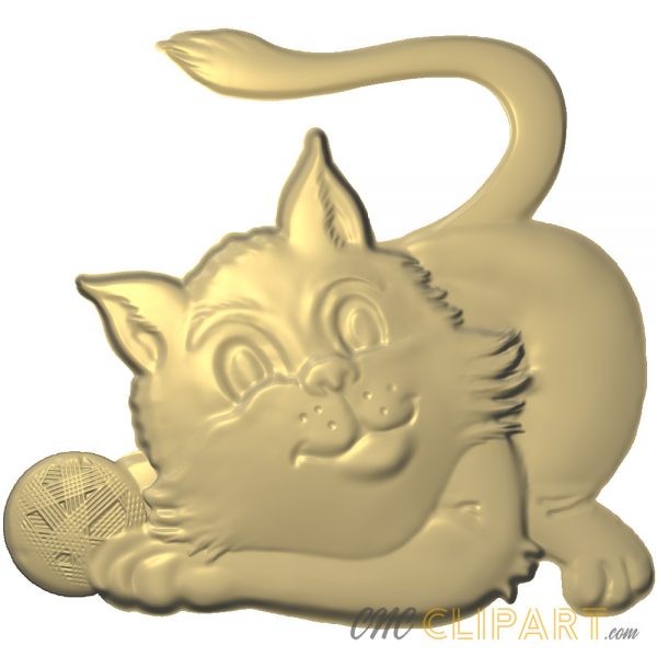 A 3D relief model of a happy Cat, playing with a ball of string