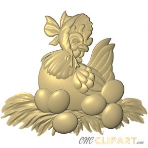A 3D relief model of a hen in a bonnet, sitting amongst her eggs and hay