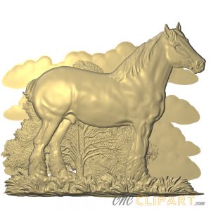 a 3D relief model of a horse standing in a pasture
