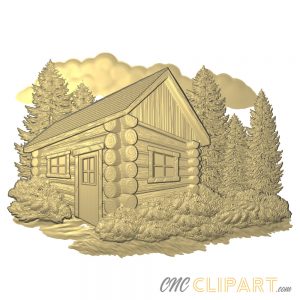 A 3D Relief Model of an Isometric view of a Log Cabin nature scene