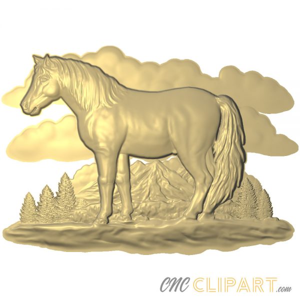 A 3D relief model of a mountain Horse set on a nature backdrop