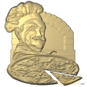 A 3D Relief Model of a Pizza Chef standing in front of an Oven with a Pizza in the foreground