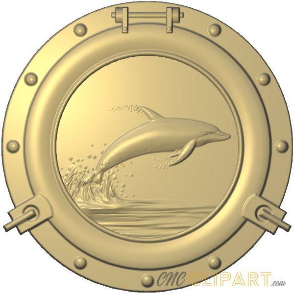 A 3D Relief Model of a Porthole Window framing a Dolphin jumping out of the sea