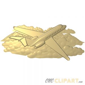 A 3D Relief Model of a private jet in flight set on a backdrop of clouds