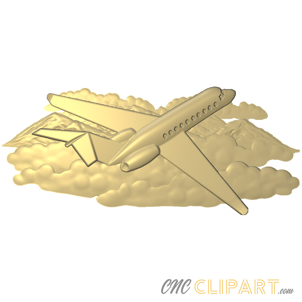 A 3D Relief Model of a private jet in flight set on a backdrop of clouds