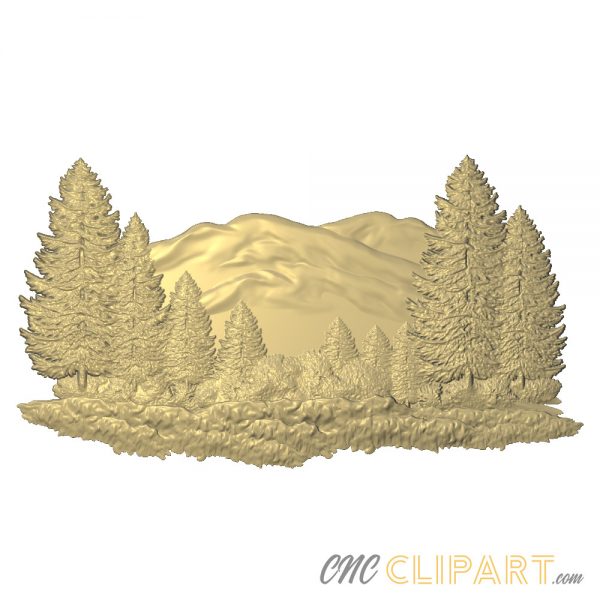 A 3D Relief Model of a natural landscape scene featuring trees, grassland and mountains
