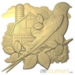 A 3D Relief Model of a Swallow bird, perched on a branch with a backdrop of a traditional North American barn and grain silo