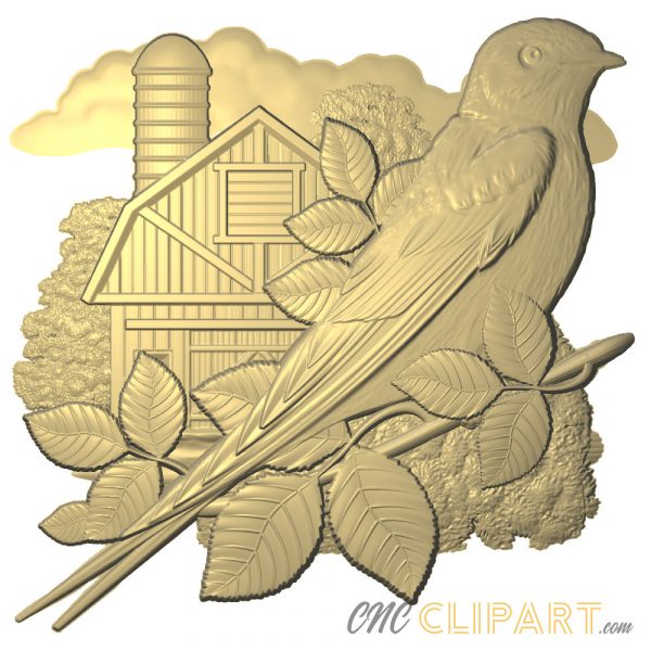 A 3D Relief Model of a Swallow bird, perched on a branch with a backdrop of a traditional North American barn and grain silo