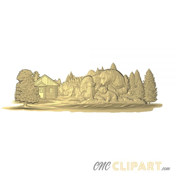 A 3D Relief Model of a Bear family with Cubs in a natural landscape and remote log Cabin