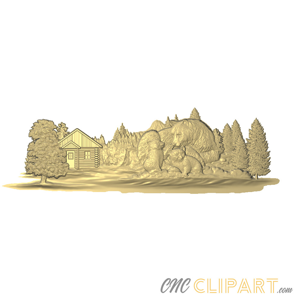 A 3D Relief Model of a Bear family with Cubs in a natural landscape and remote log Cabin