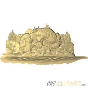 A 3D Relief Model of a Bear family with Cubs in a natural landscape