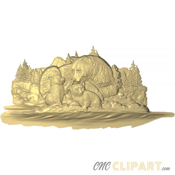 A 3D Relief Model of a Bear family with Cubs in a natural landscape