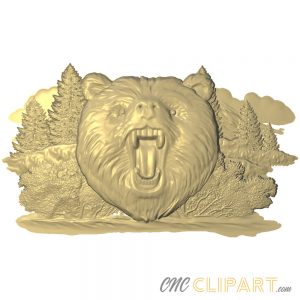 A 3D Relief Model of a Bear's head bearing its teeth on a a nature backdrop