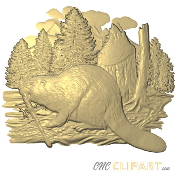 A 3D Relief Model of a Beaver working on the dam in front of a natural landscape background