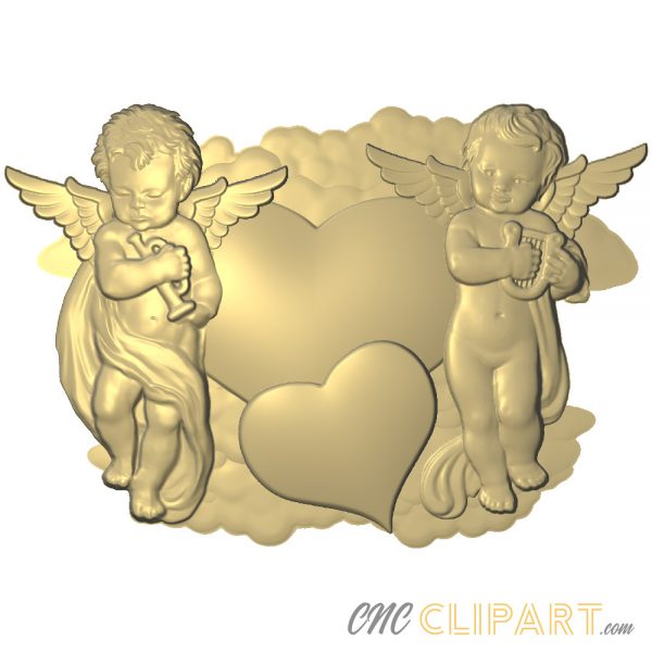 A 3D Relief Model of a pair of Cherubs either side of a Heart in the clouds