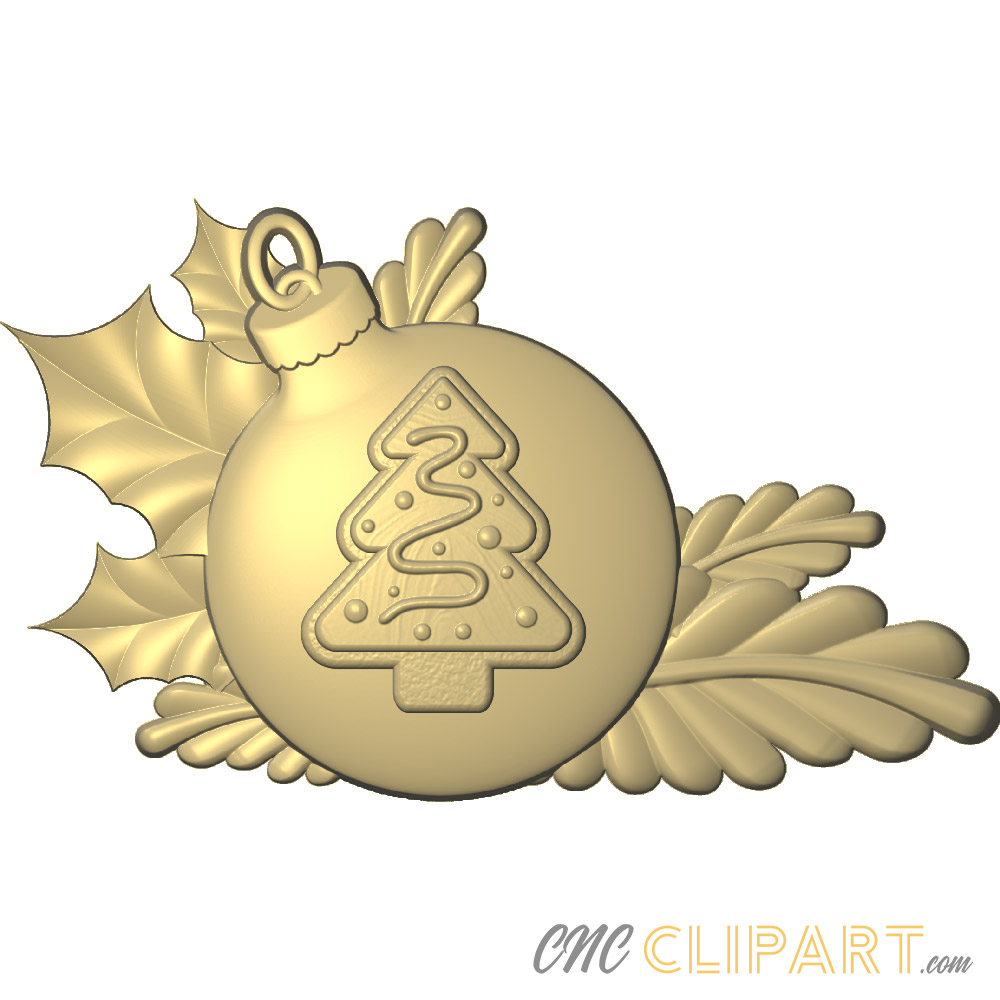 A 3D Relief Model of a Christmas Bauble with a Cookie design set against some Holly