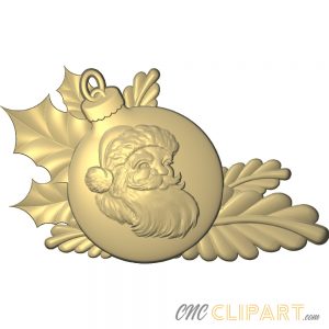 A 3D Relief Model of a detailed Christmas Bauble with a Santa design set against some Holly