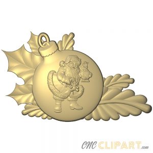 A 3D Relief Model of a detailed Christmas Bauble with a Santa design set against some Holly