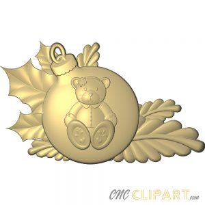 A 3D Relief Model of a Christmas Bauble with a Teddy Bear design set against some Holly