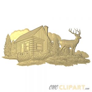 A 3D Relief Model of a Deer in front of a Cabin and nature landscape