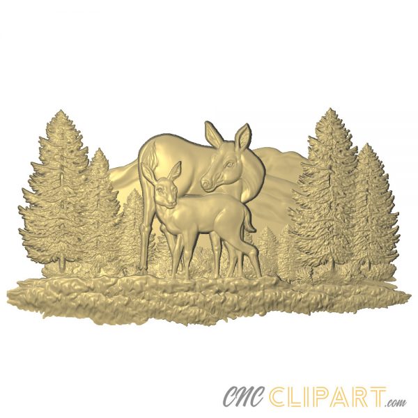 A 3D Relief Model of a Deer and Fawn set in a natural forest landscape
