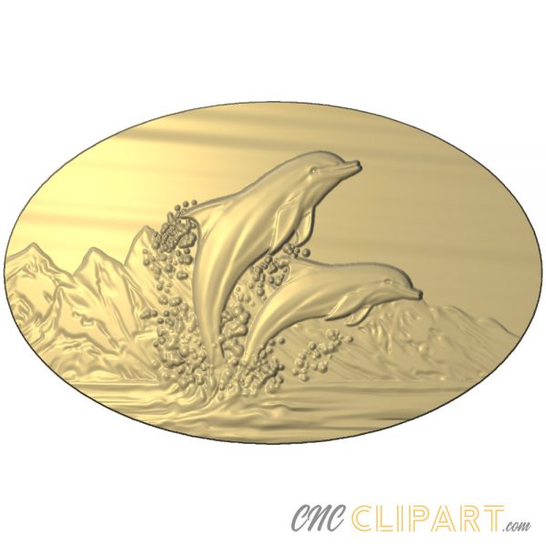 A 3D Relief Model of Dolphins Jumping set in an oval frame