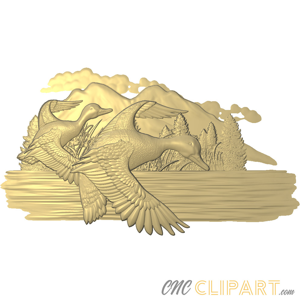 A 3D Relief Model of two Ducks in flight with a nature and lake scene backdrop