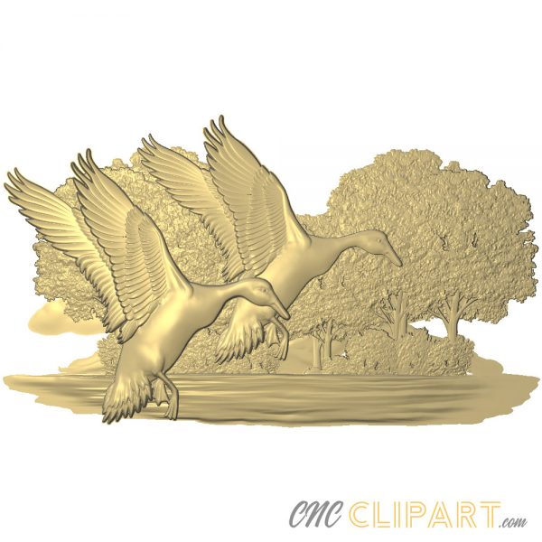 A 3D Relief Model of two Ducks in flight with a nature scene backdrop