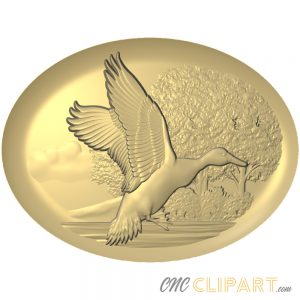 A 3D Relief Model of a Duck in flight with a nature scene backdrop, in an oval frame