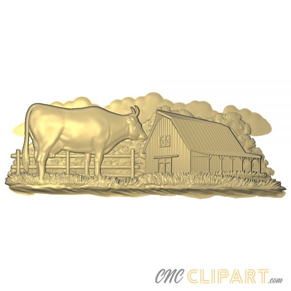 A 3D Relief Model of a Farm Cow next to some farm buildings