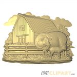 A 3D Relief Model of a Sheep and Lamb on a farm next to some farm buildings