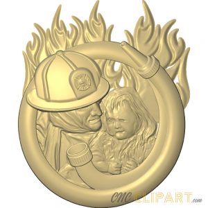 A 3D Relief Model of a Firefighter rescuing a small child with a circular water hose and flame surround