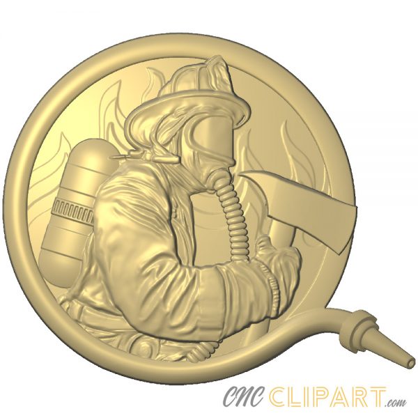 A 3D Relief Model of a Firefighter in flames with a circular water hose surround