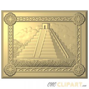 A framed 3D Relief Model depicting and Aztec Pyramid