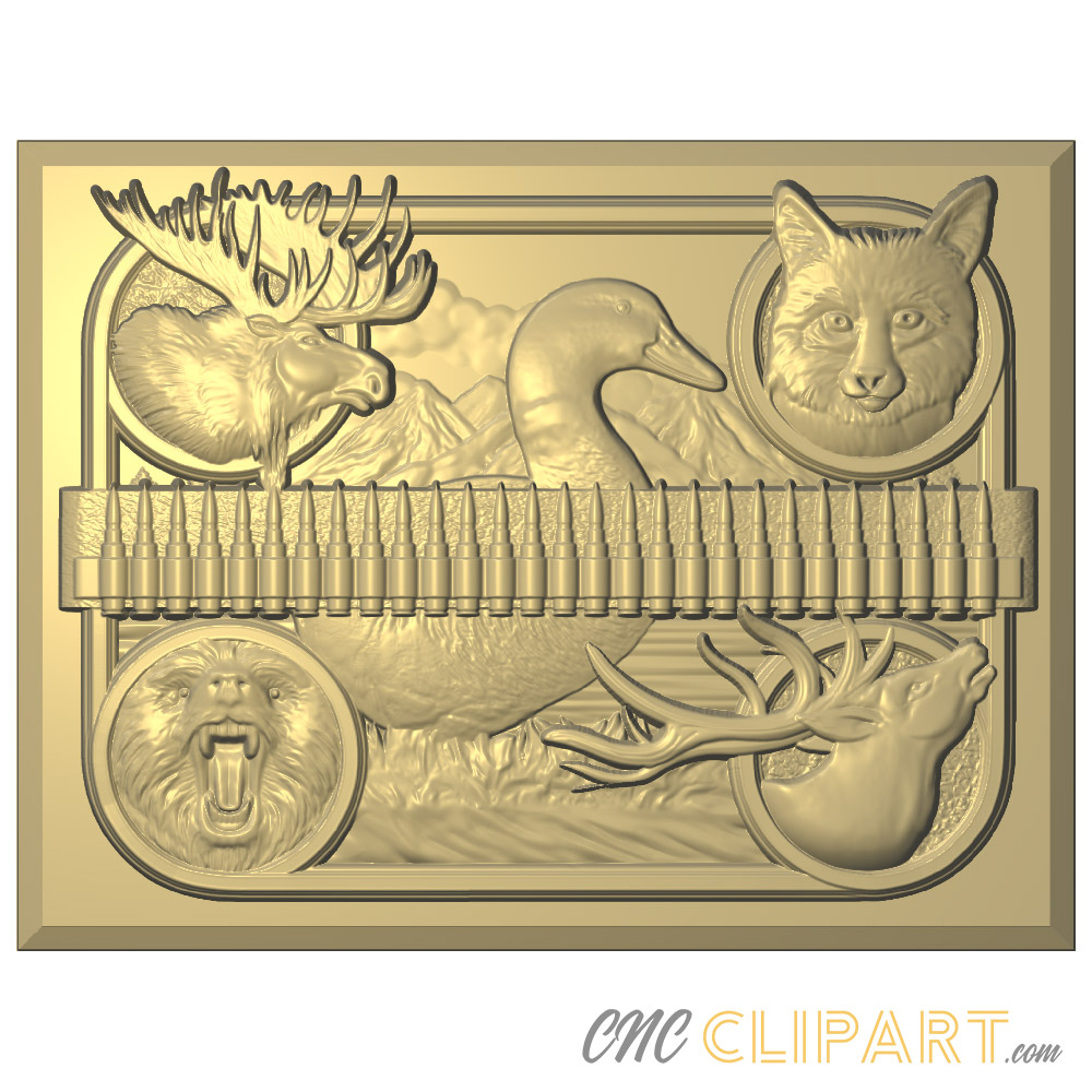 A framed 3D Relief Model of a Hunting Collage, featuring a variety of hunting themed elements