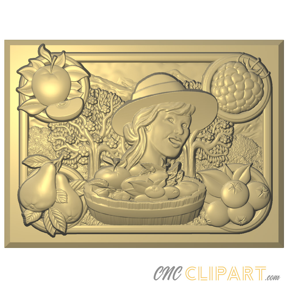 A framed 3D Relief Model of fruit picking collage