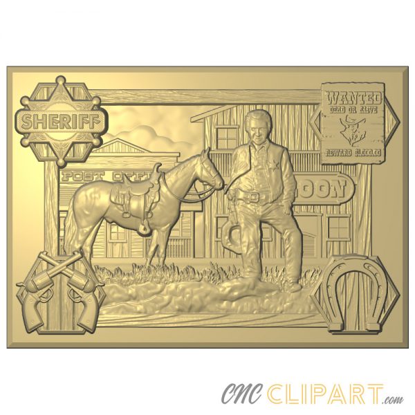A framed 3D Relief Model of a Sheriff Collage with Wild West elements